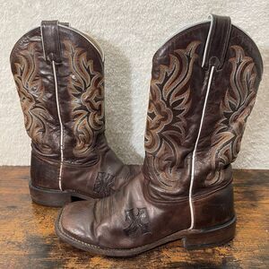 Tony Lama Western Mens Boots 7.5 B Embroidery Cross Inlay Leather Cowboy Rodeo
